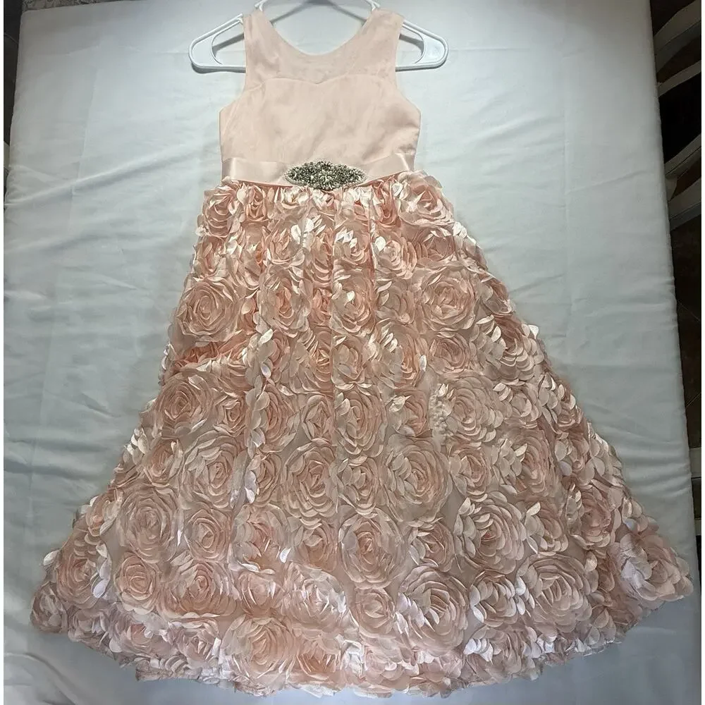 Girls Pink Formal Flower Girl Dress Size 6x- Rosette Skirt Rhinestone Waist
